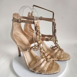 Antonio Melani Leather Sole Pumps 6.5 Shiny Gold Satin T-Strap Rhinestones Heels